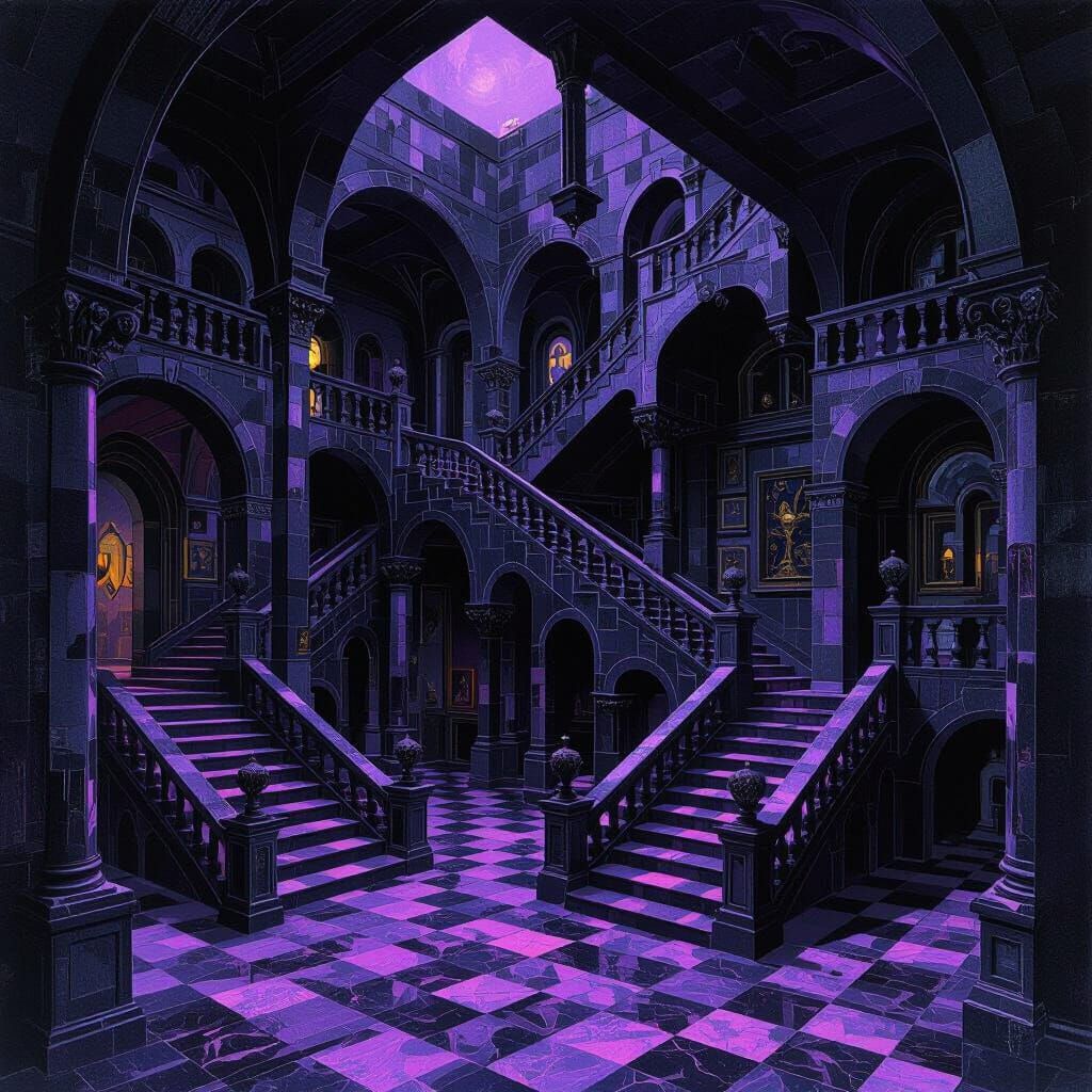 Surreal Trickster God's Manor Interior in Dark Violet