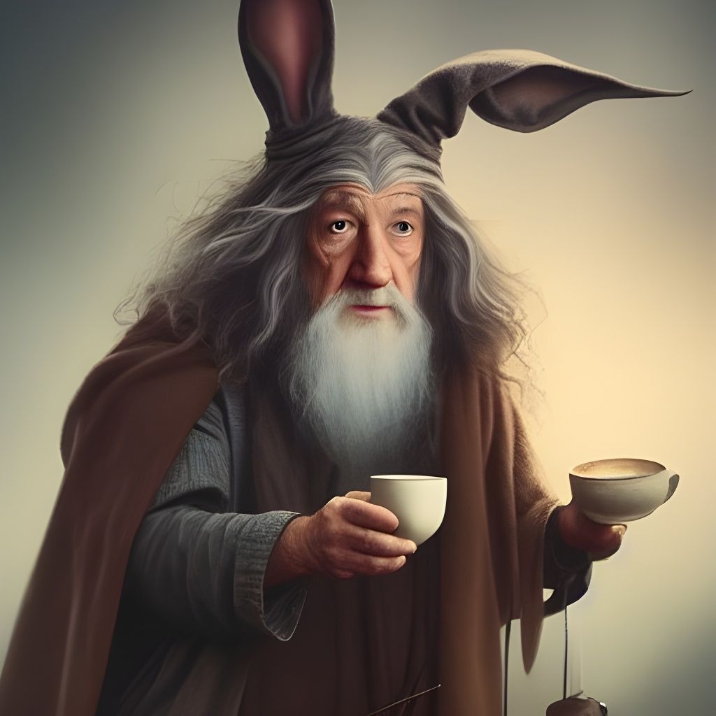 Gandalf and Hobbit Bunny Drinking Tea Digital Art