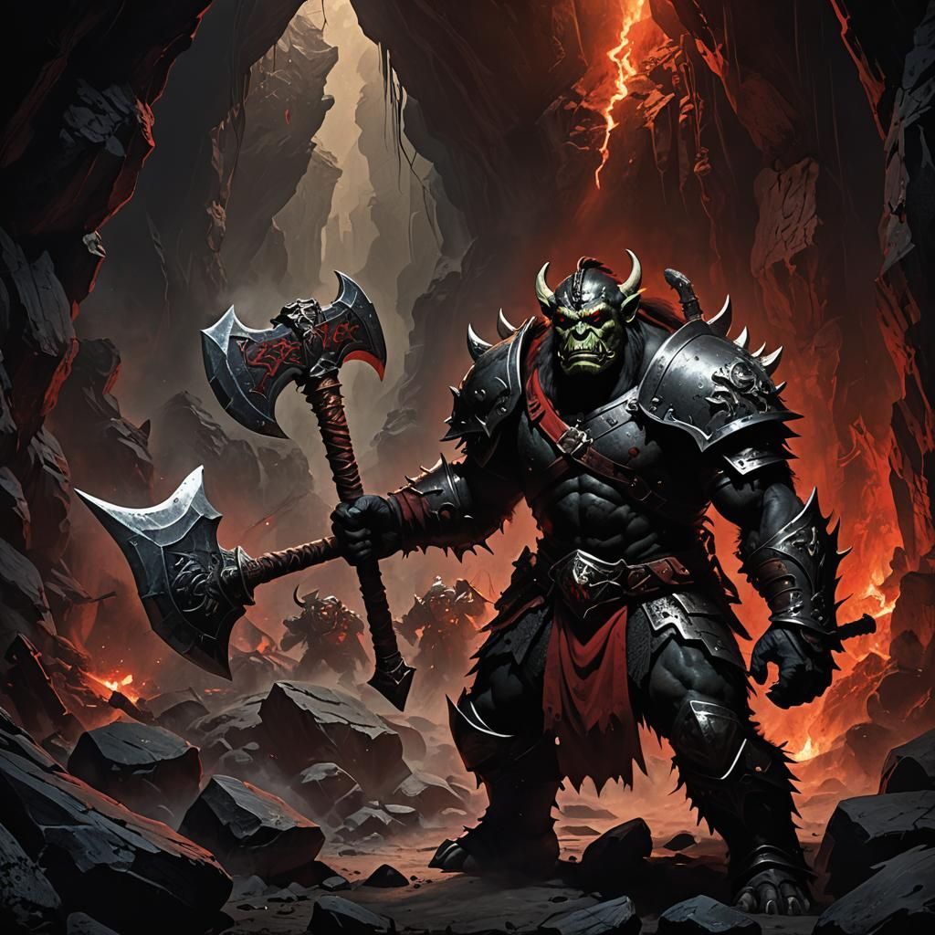 Orc Warrior in Dark Armor with Axe, Dark Fantasy Art