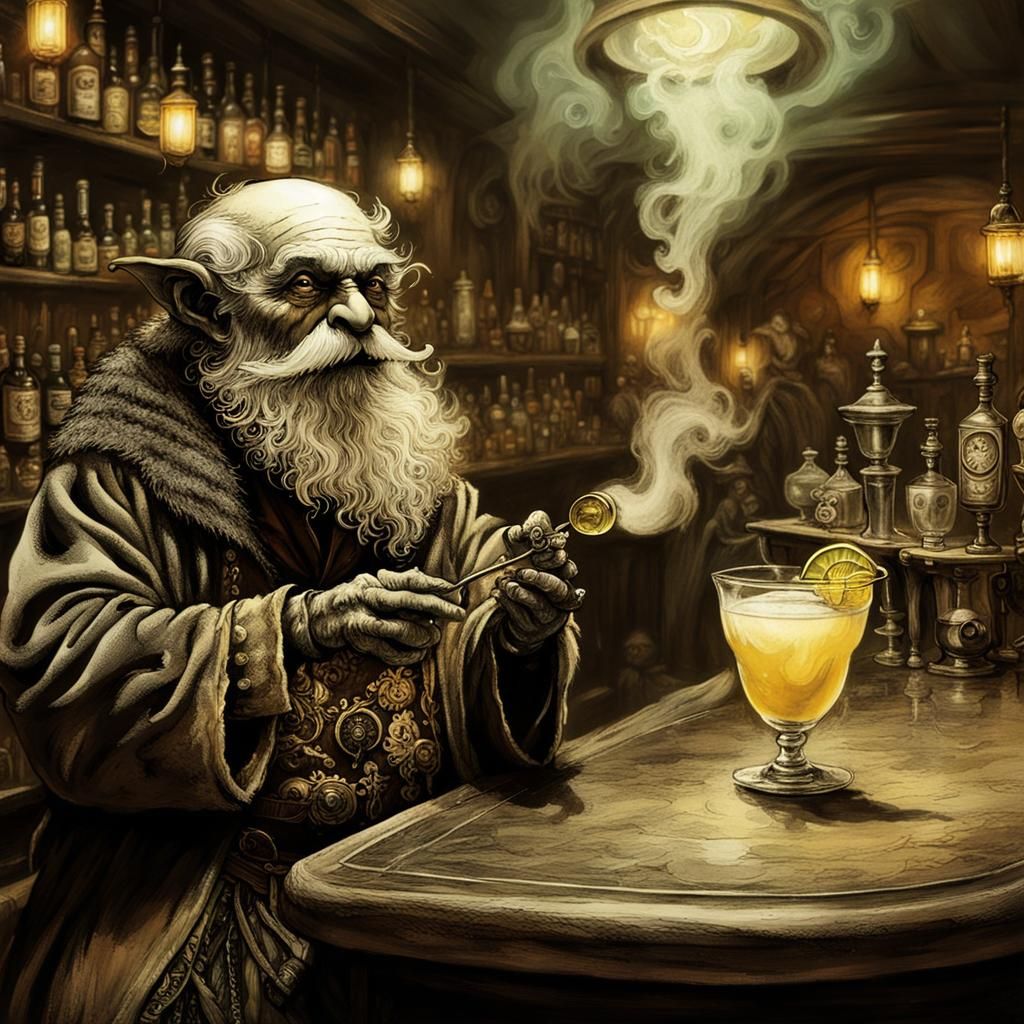 The Goblin Barkeep called last call to the dismay of the pixies, as he slid the last drink of the night across the count...