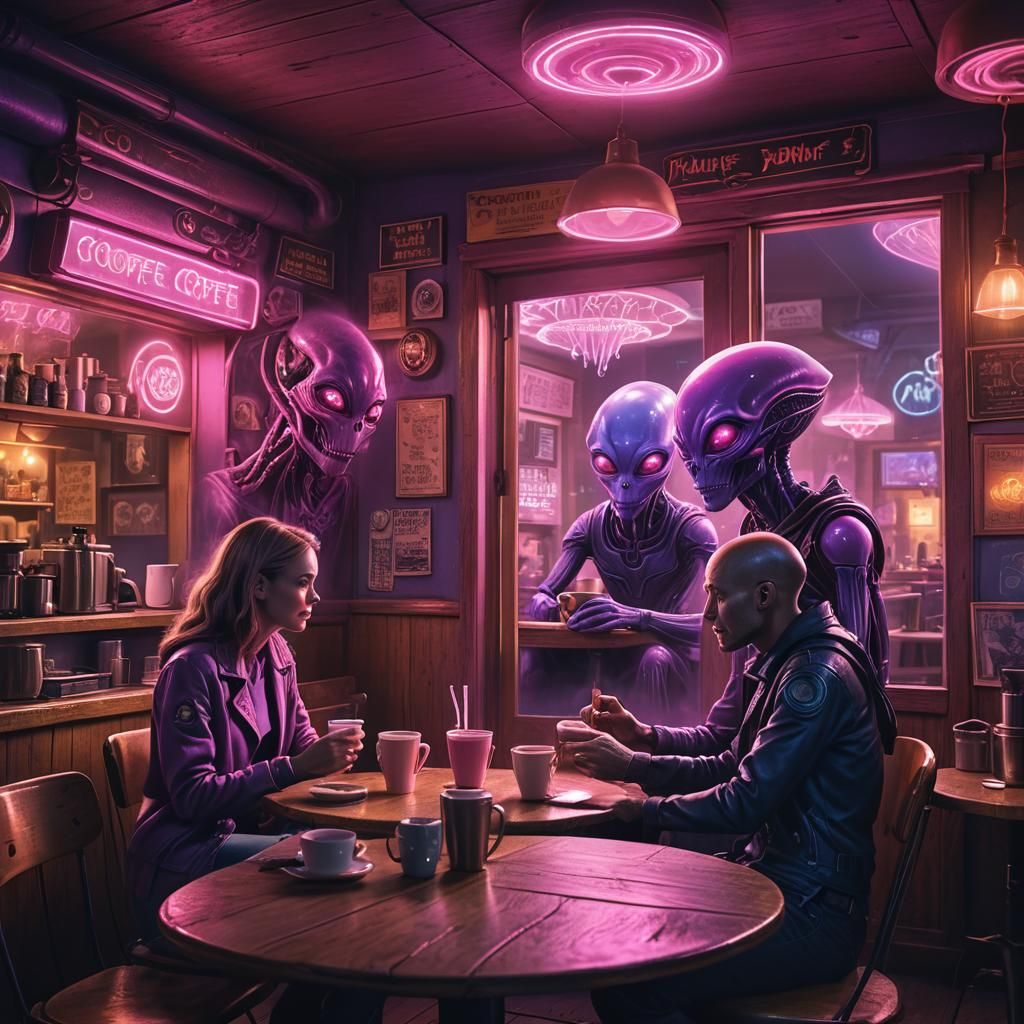 Cozy Coffee Shop Encounter with Pink Alien