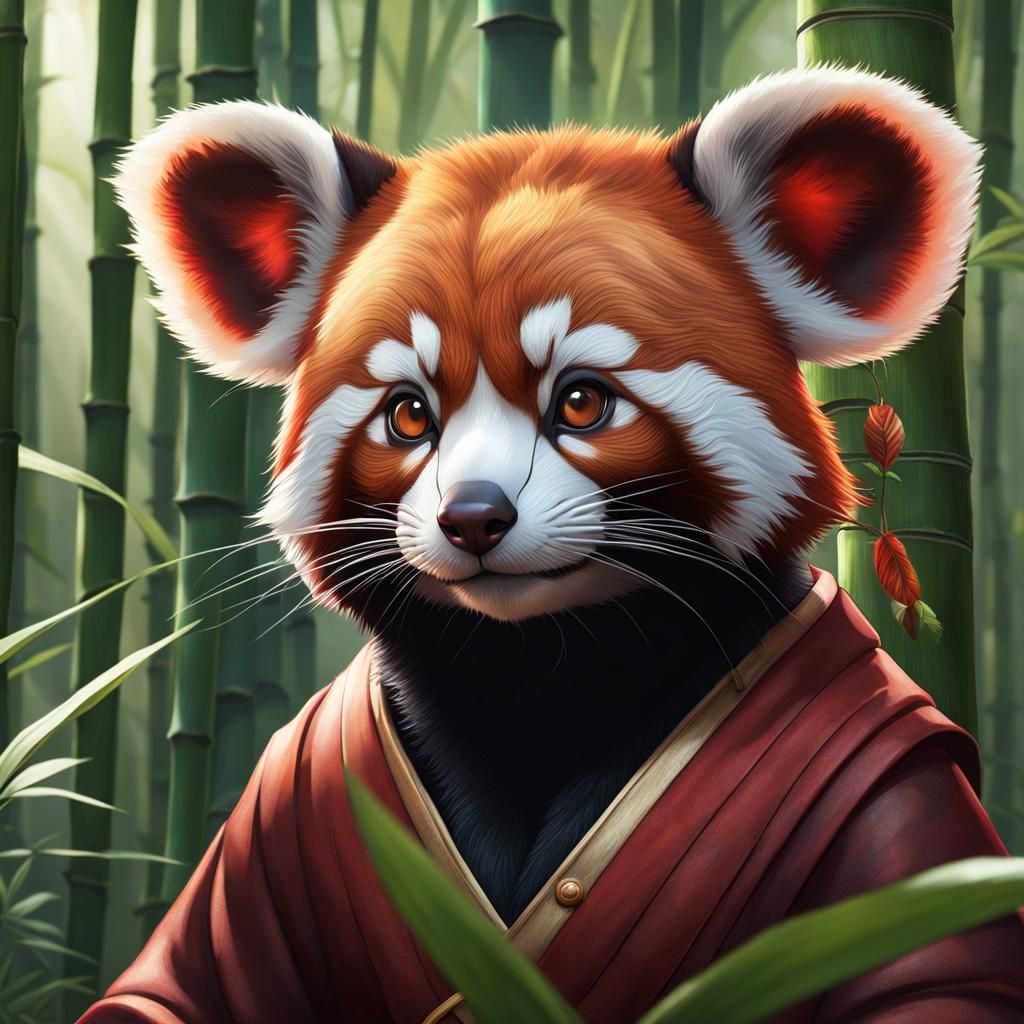 Mouse and Red Panda Hybrid Portrait in Bamboo Forest