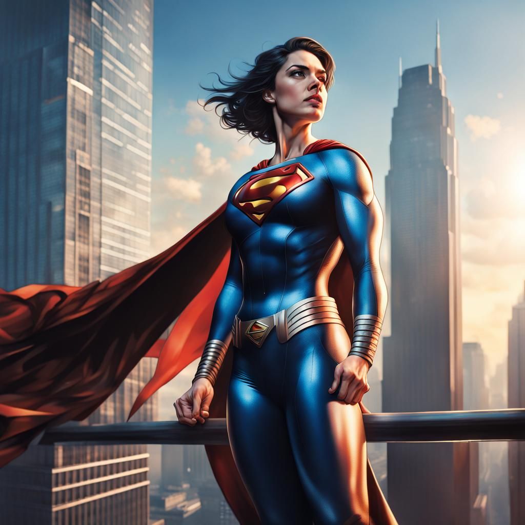 Hyperrealistic Female Superman on Skyscraper Ledge