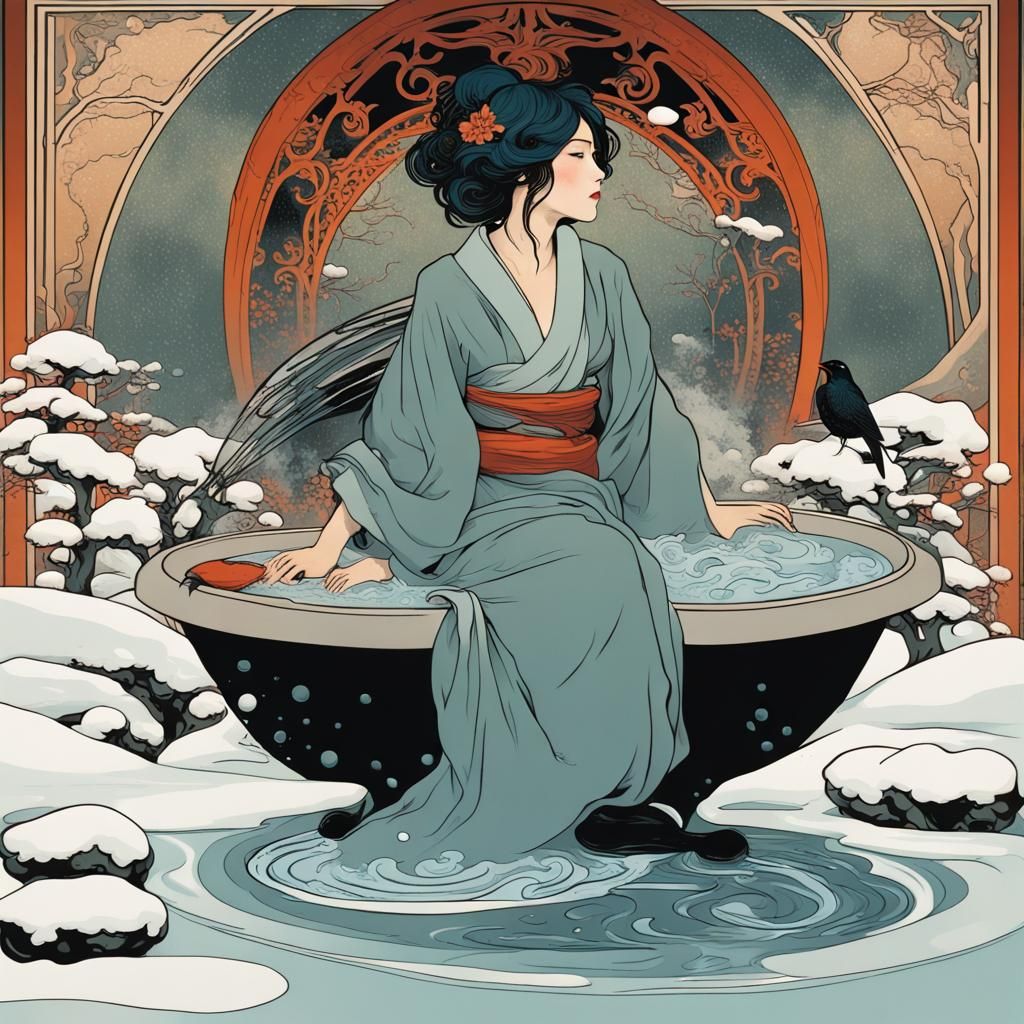 Japanese Woman in Onsen, Alphonse Mucha Style