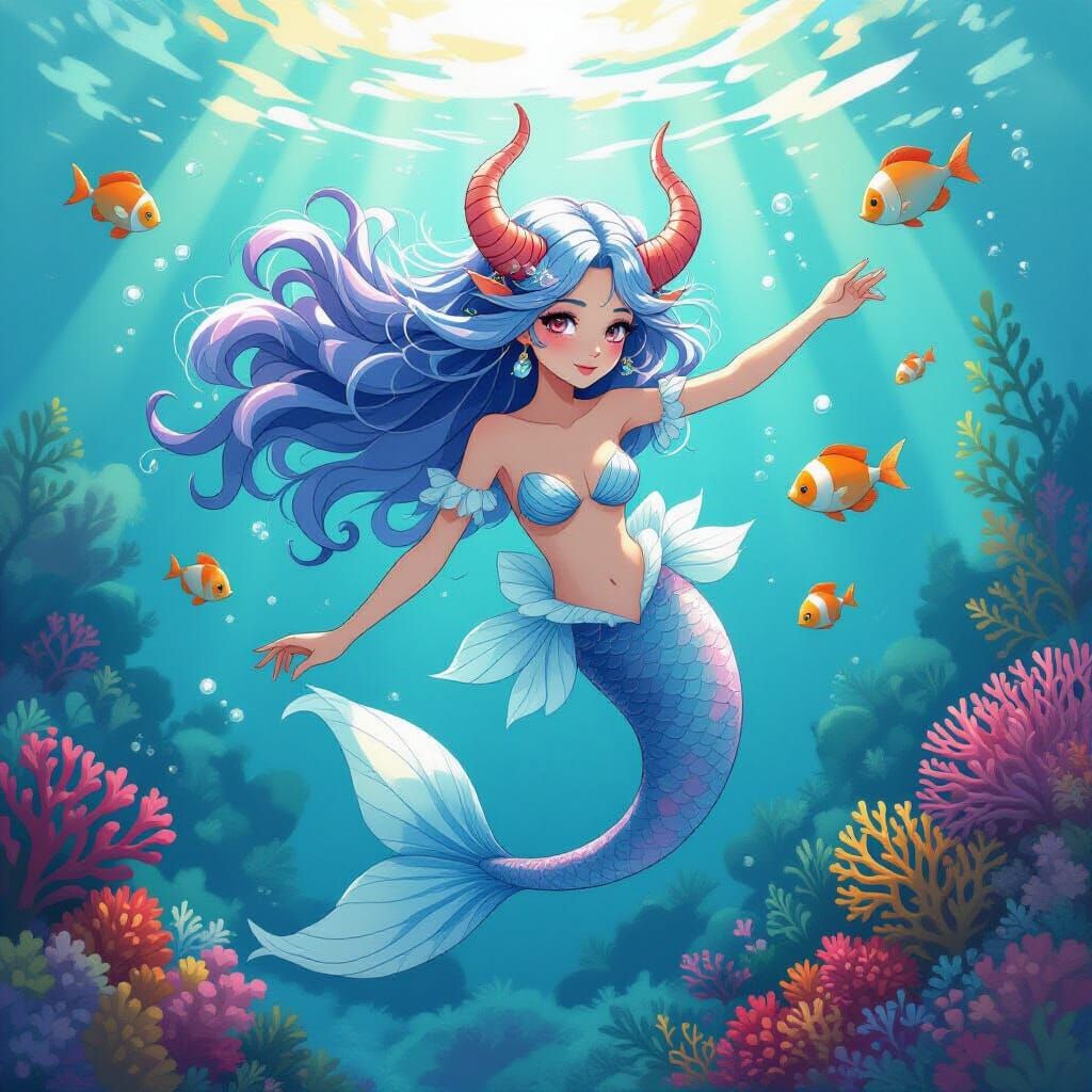 Dreamy Demon Mermaid in Underwater Fantasy Scene