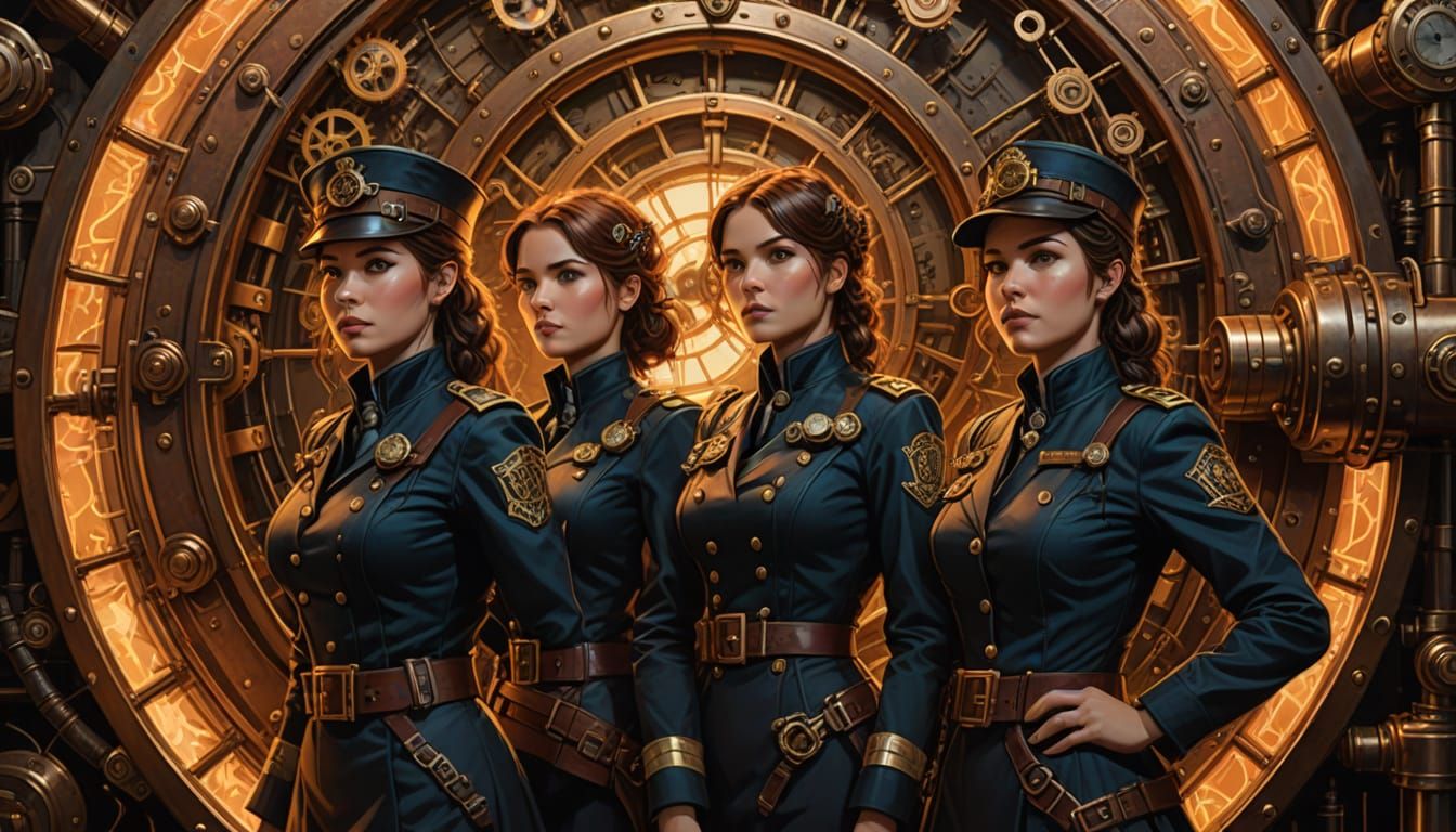 Steampunk Women in Time Machine, Comic Book Style