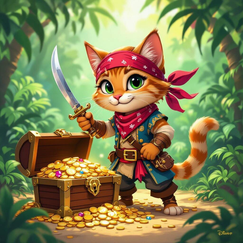 Animated Feline Pirate with Treasure Chest