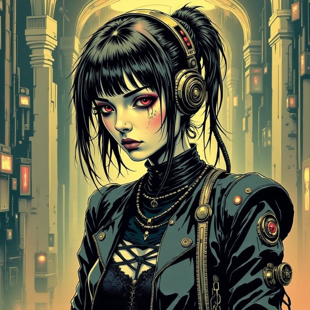 Cyberpunk Victorian Steampunk Girl in Indigo-Gold Ballroom