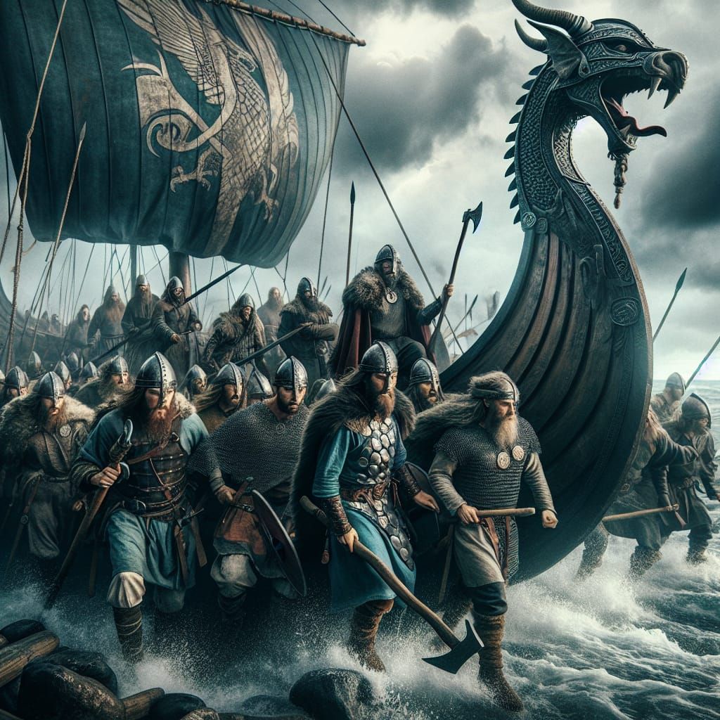 Intense Viking Raid Scene on Stormy Shore