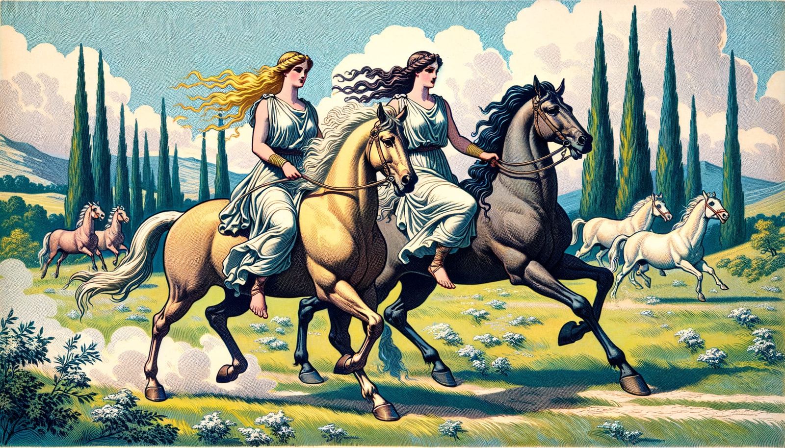 Ancient Greek Women Riding Horses Through Meadow