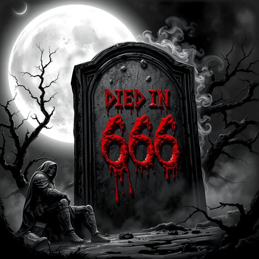 Ominous Gravestone with Ghost in Gothic Ink Art