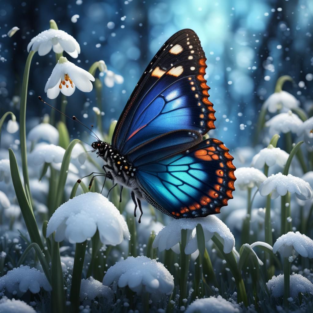 Colorful Butterfly on Snowdrops in Winter Portrait