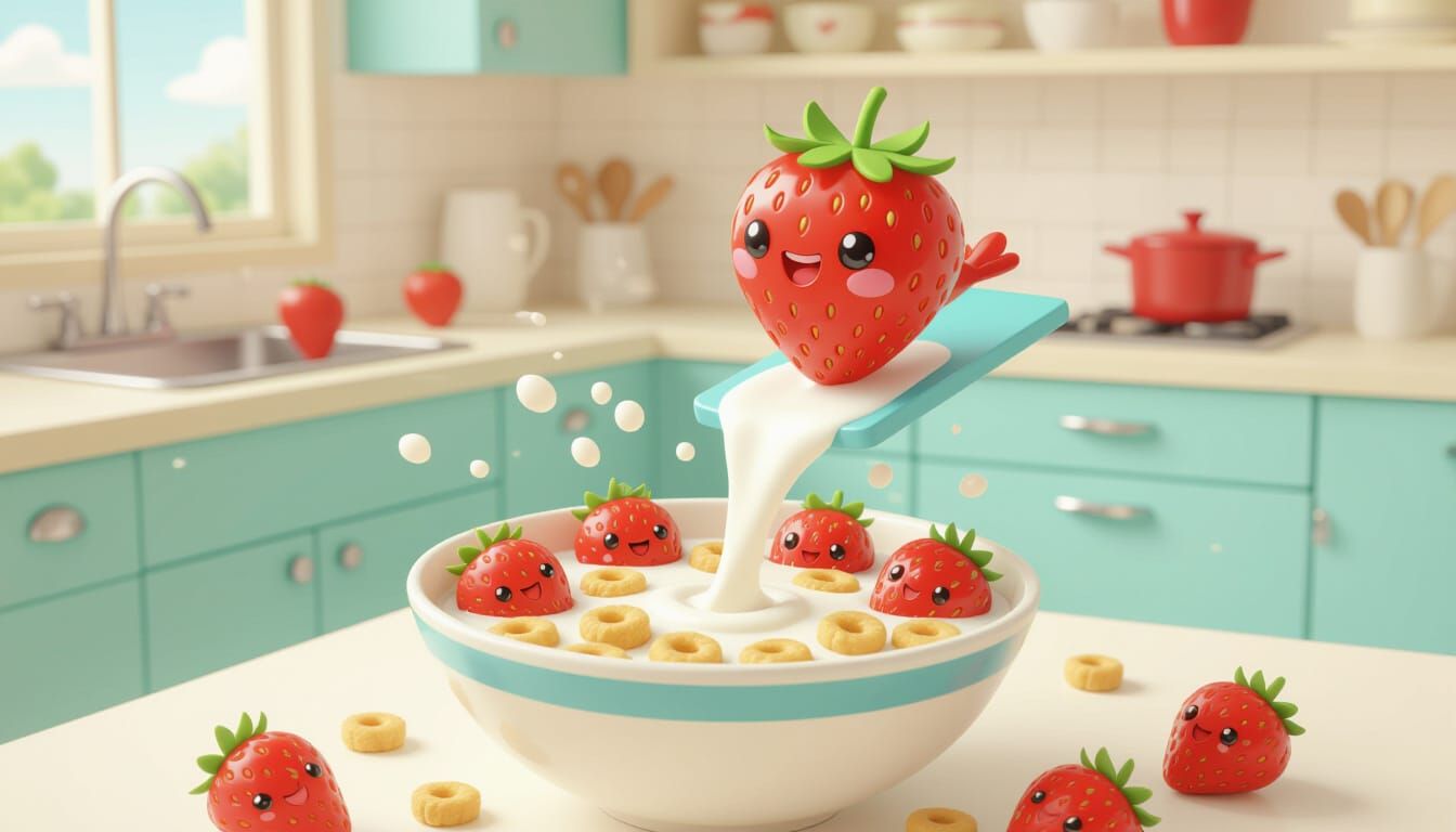 Kawaii Strawberry Dive into Cereal Bowl