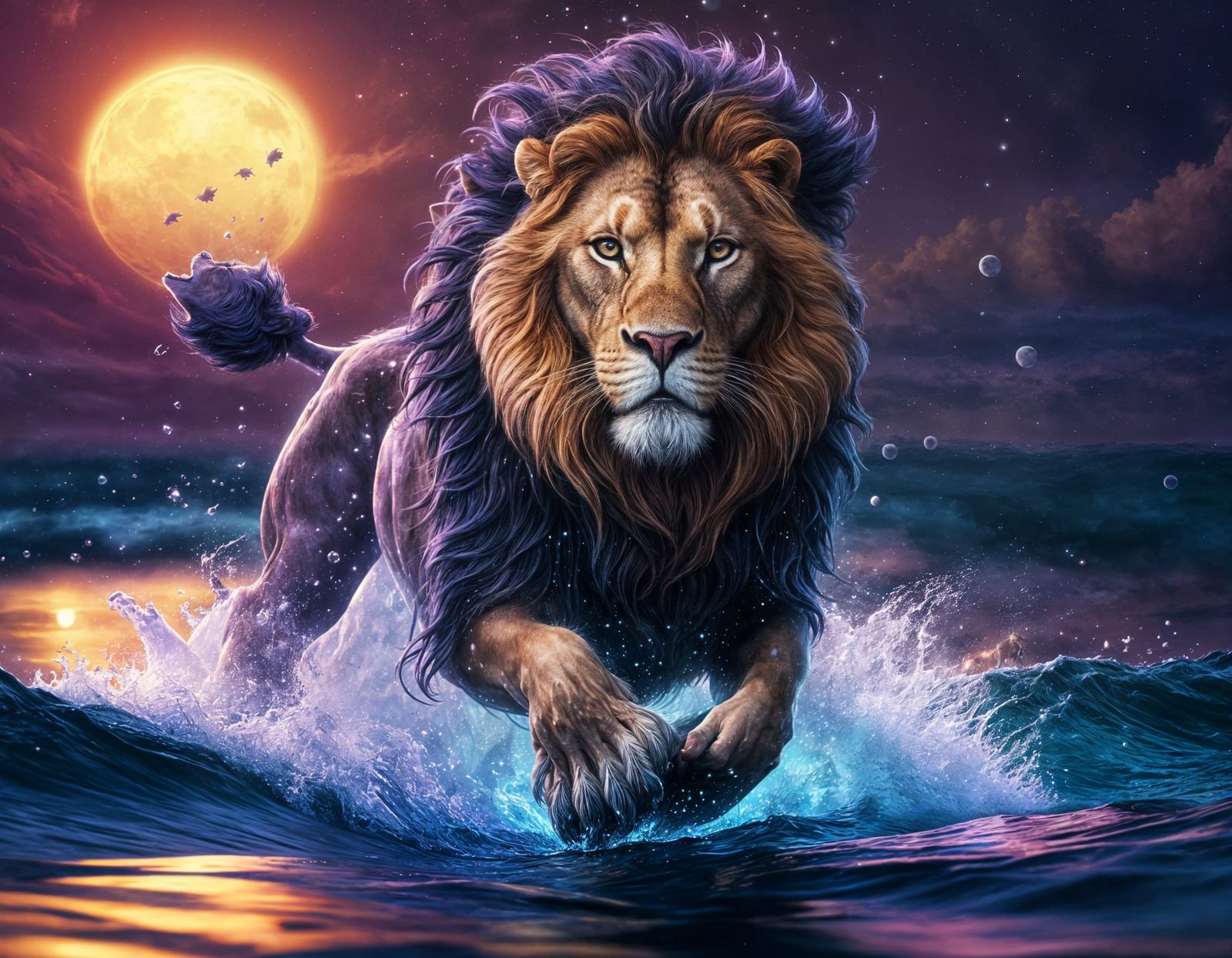 Lion Leaping from Water in a Nocturnal Seascape