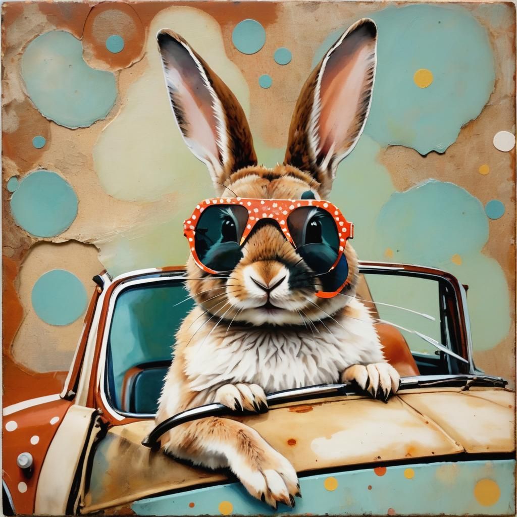 Rabbit Driving in Encaustic Collage Style