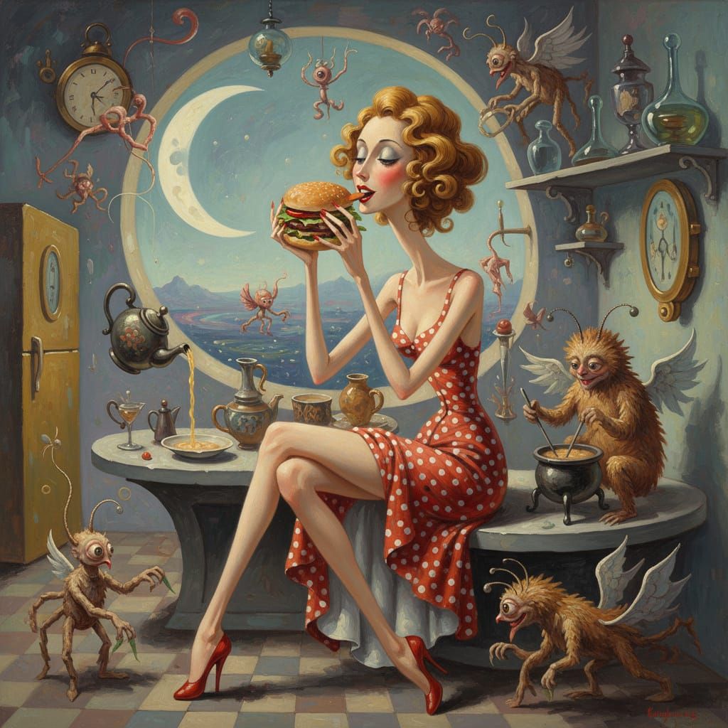 Surreal Pin-Up Girl Enjoys Hamburger in Bizarre Kitchen