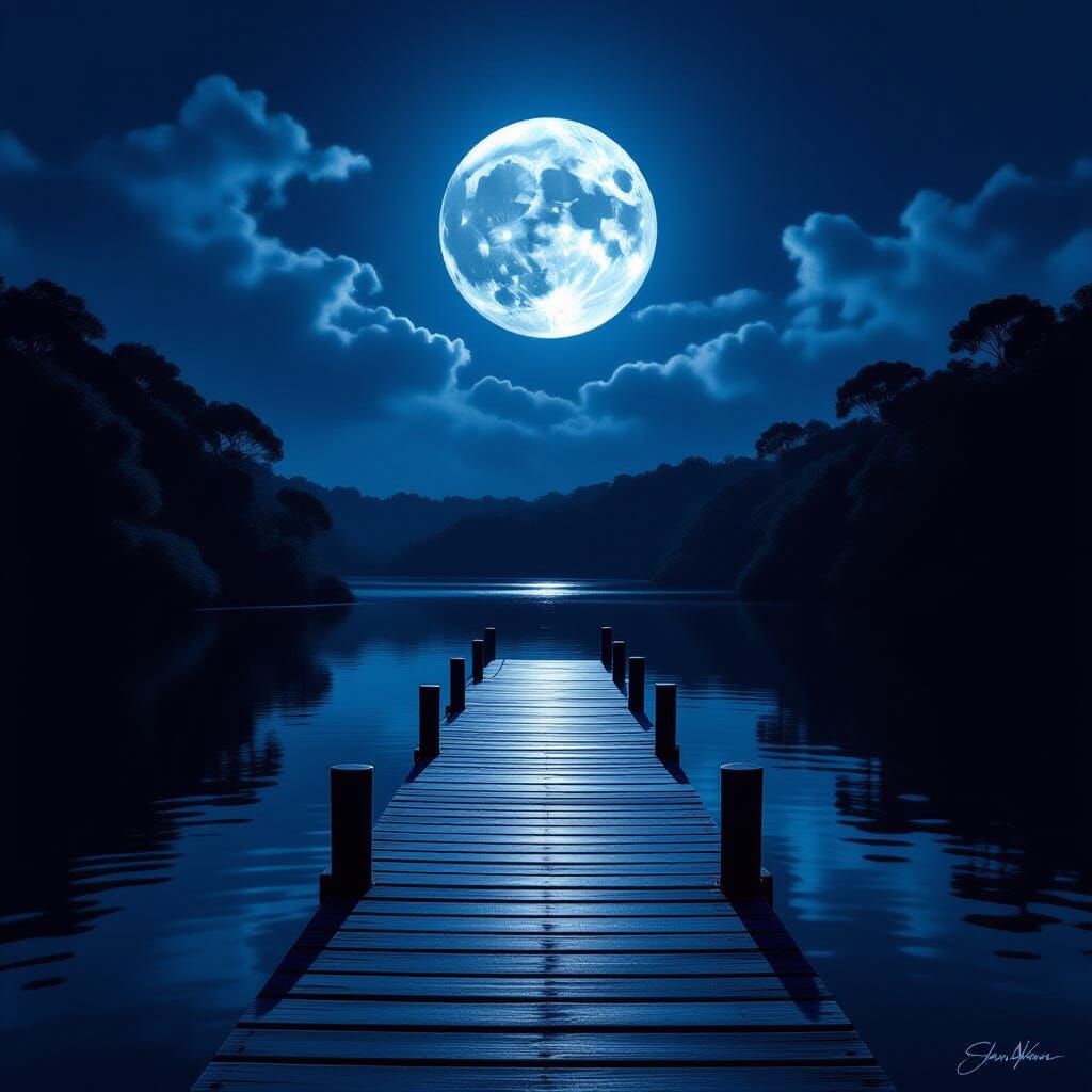 Moonlit Dock in Bushland, Ethereal Glow