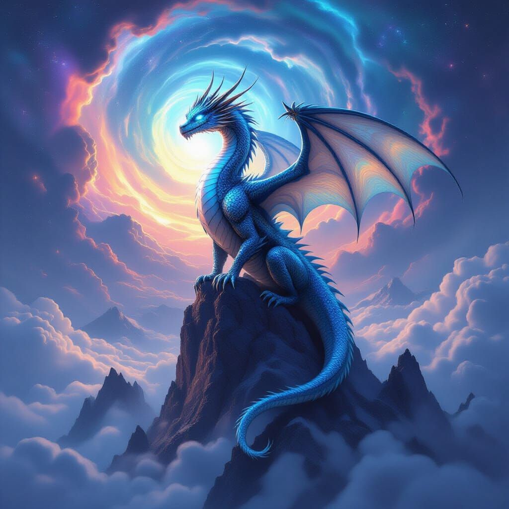 Ethereal Dragon on Cosmic Mountain Peak