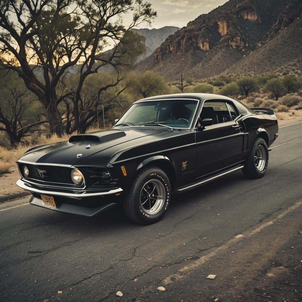 Black 1970 Ford Mustang Cinematic Film Still