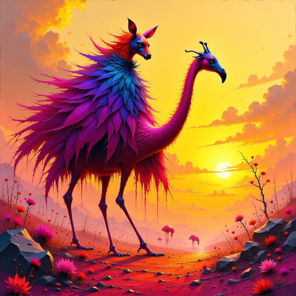 Flamingo-Giraffe Hybrid Roams Fiery Savannah as Digital Art