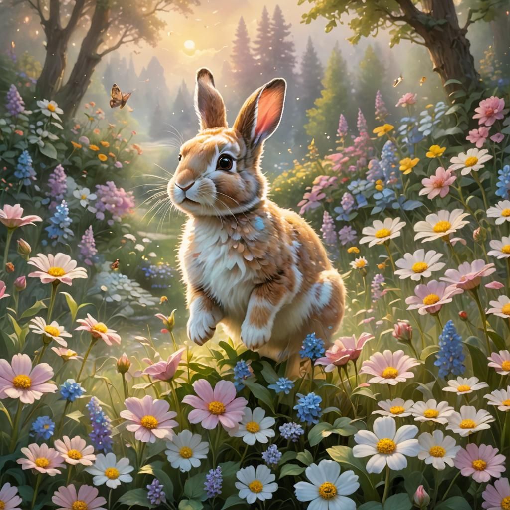 Bunny in Ethereal Fantasy Landscape, Kinkade Style