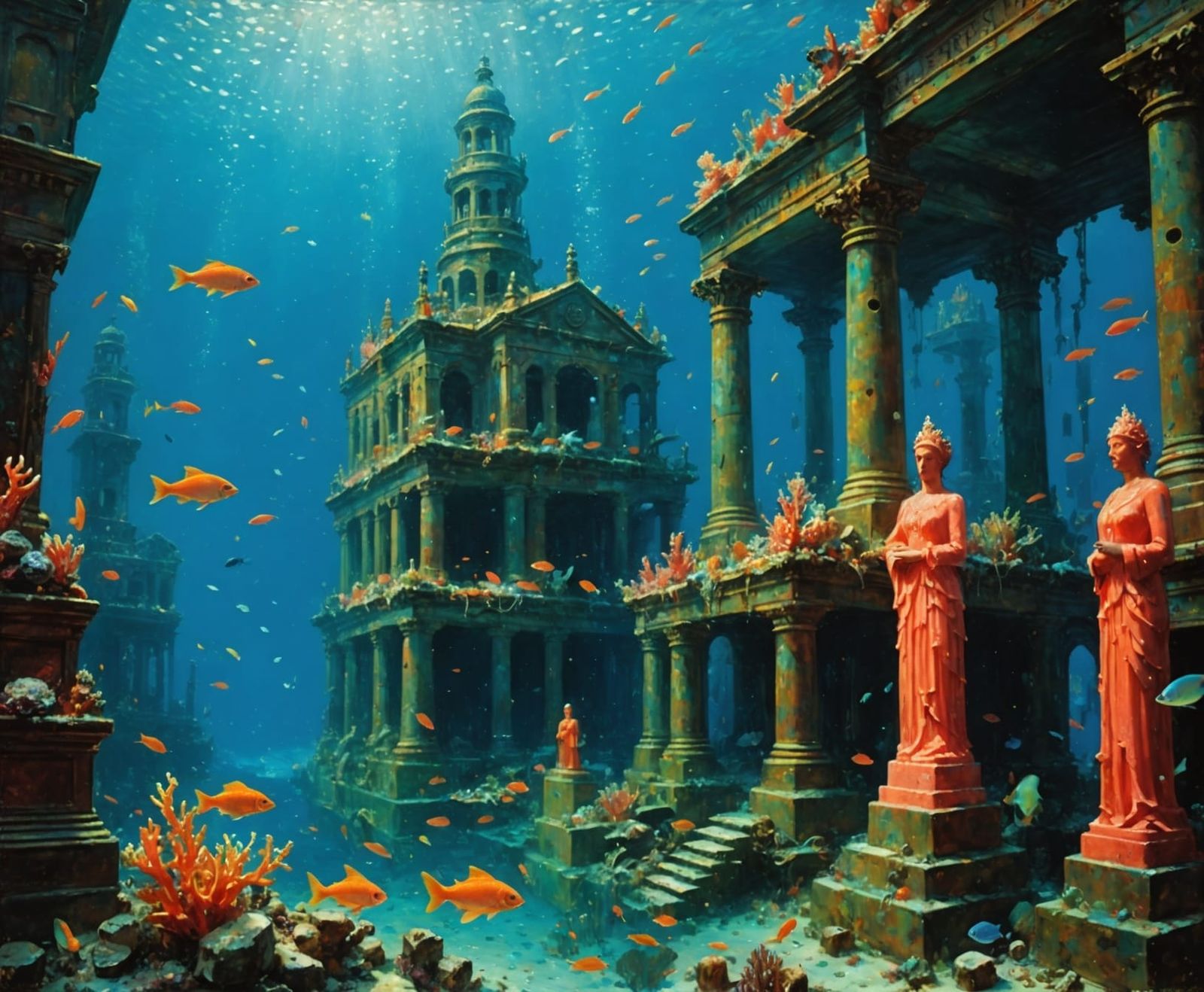 Abandoned Underwater Metropolis in a Realistic Oil Painting ...