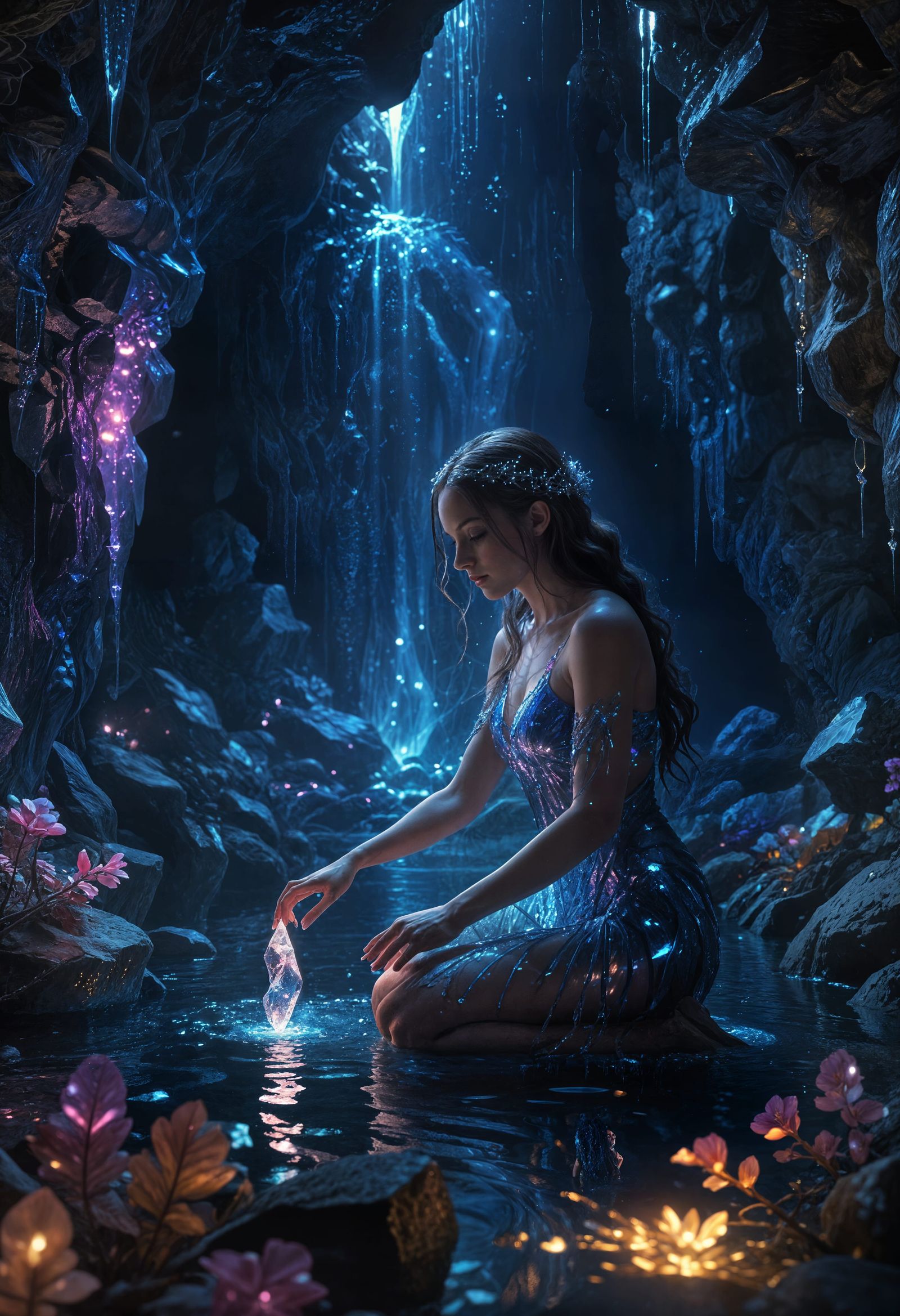 Ethereal Goddess at Crystalline Pool in Surreal Grotto