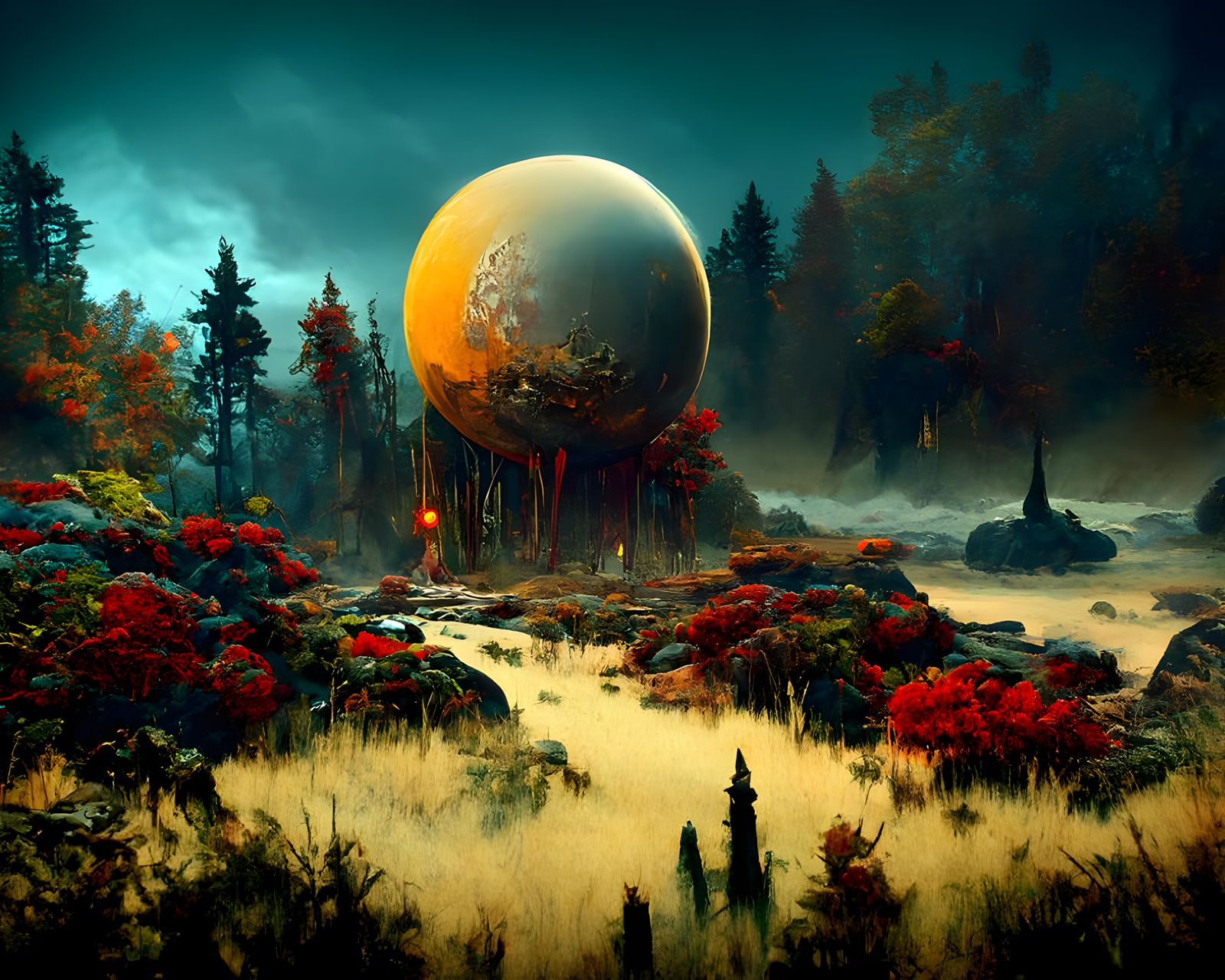 Alien Moonrise Over Luminous Forest: Sci-Fi Fantasy