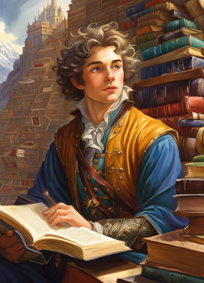 Bard Overwhelmed in Magical Library: Alan Lee Style