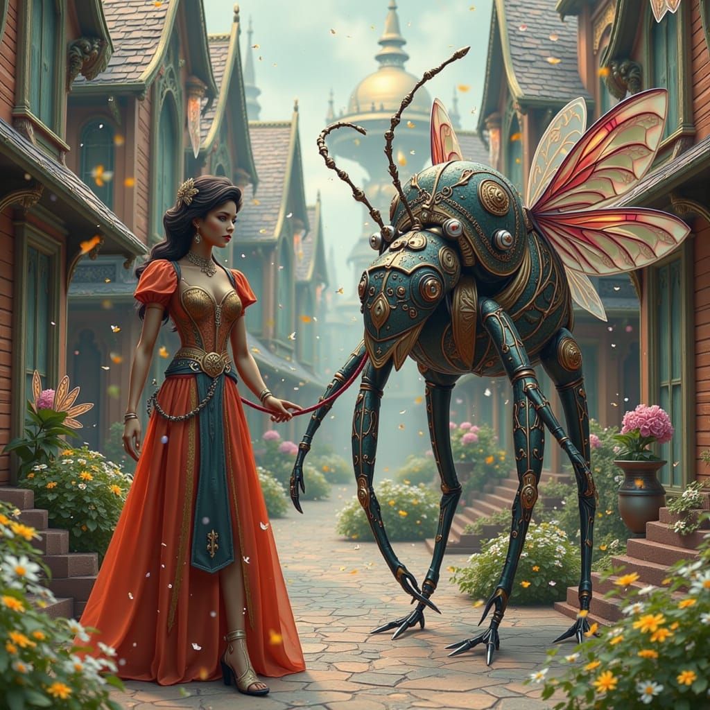 Woman Walking Insecto-Droid in Steampunk Village