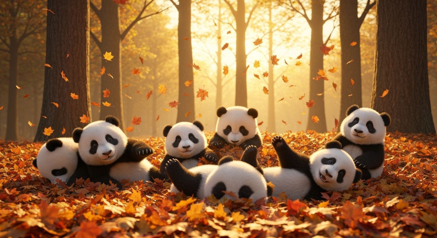 Adorable Pandas Play in Autumn Leaves