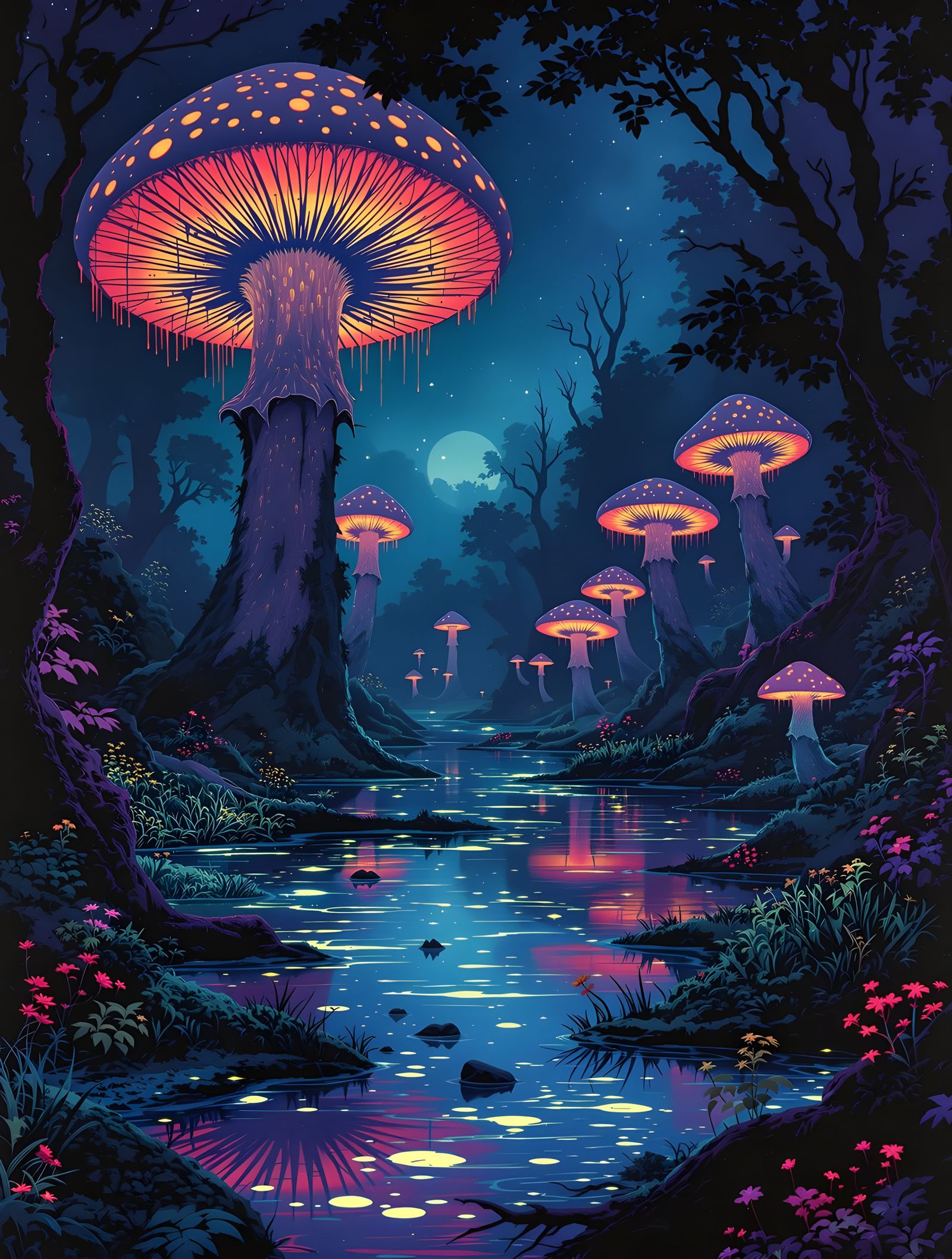 Mystical Swamp: Luminous Mushrooms in Twilight