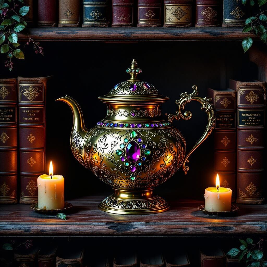 Ornate Brass Pot Telling Stories on Antique Shelf