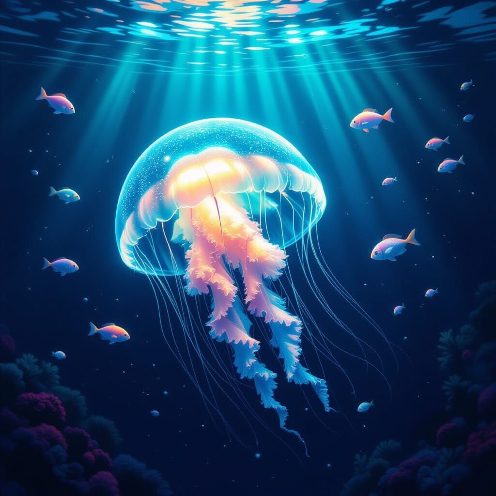 Bioluminescent Jellyfish in Deep Ocean Trench