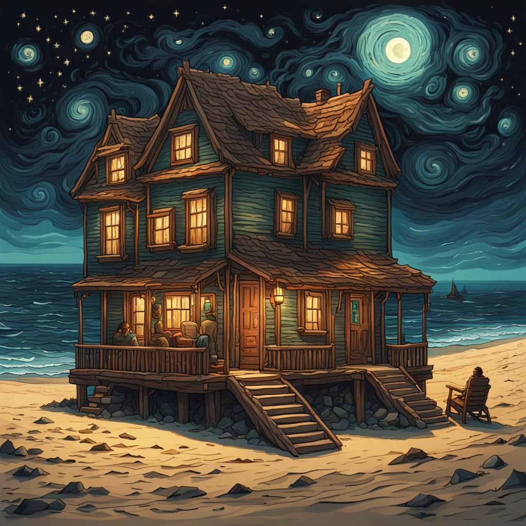 Oak Cabin on Sandy Beach in Starry Night Style