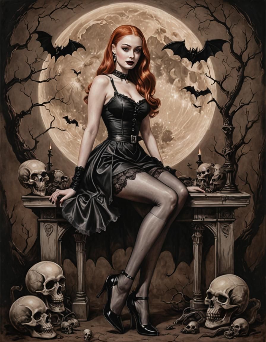 Gothic Pin-Up Sepia Charcoal Drawing With Skulls