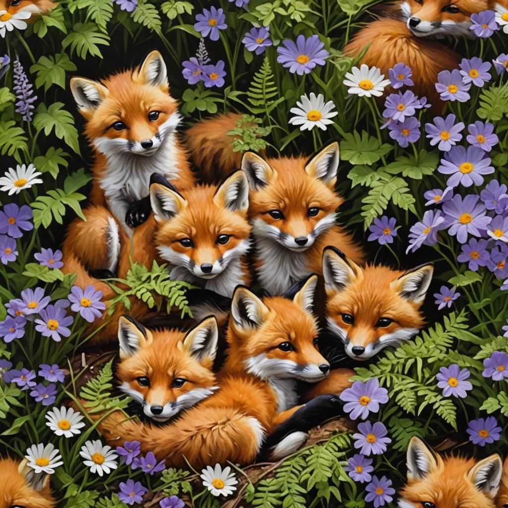 Fox Cubs Napping in a Sunny Flower Meadow