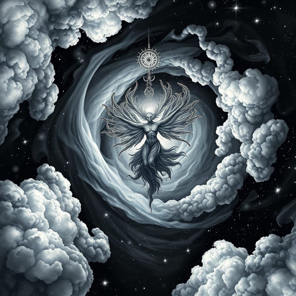 Astral Being in a Swirling Vortex of Iridescent Clouds