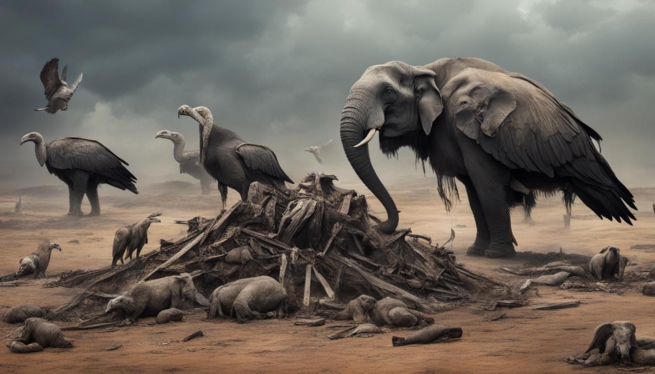 Vultures Feast on Elephant in Apocalyptic Wasteland