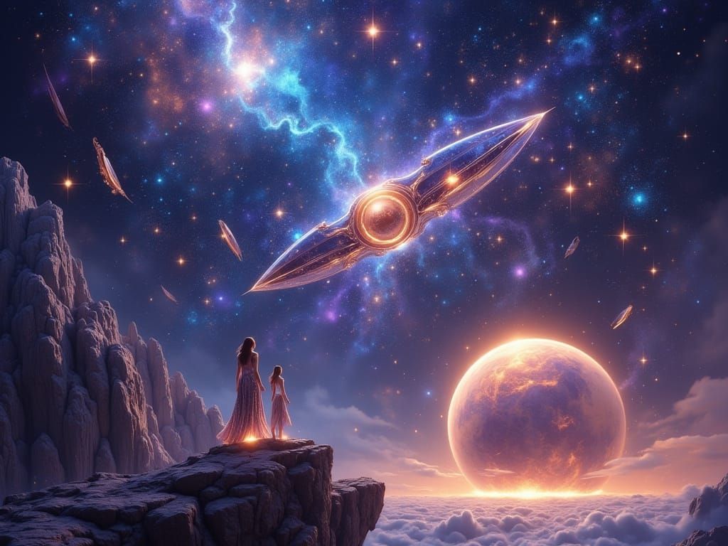 Alien Woman on Floating Rock in Space