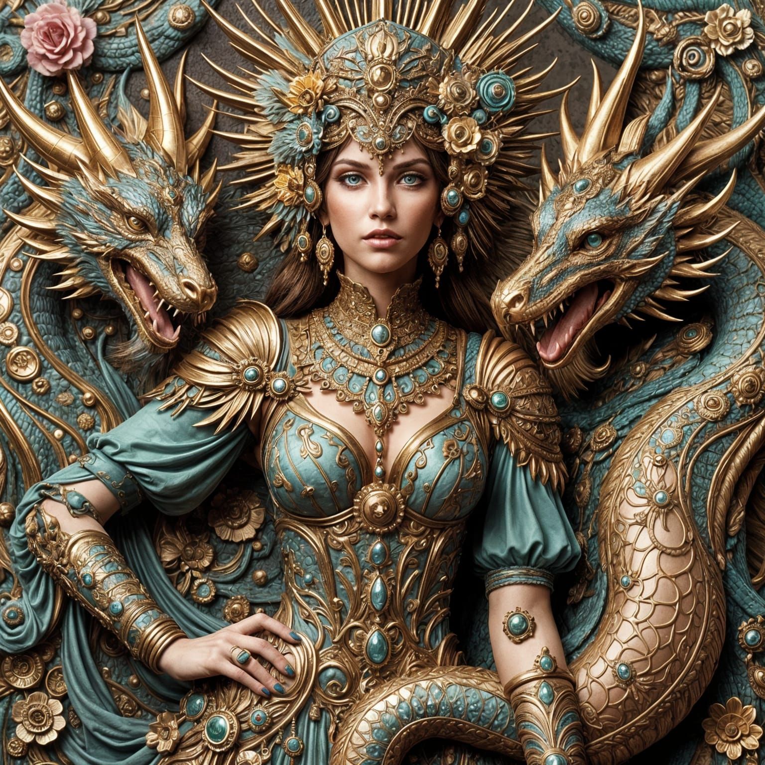 Goddess in a Steampunk Art Nouveau Punk Aesthetic with Drago...