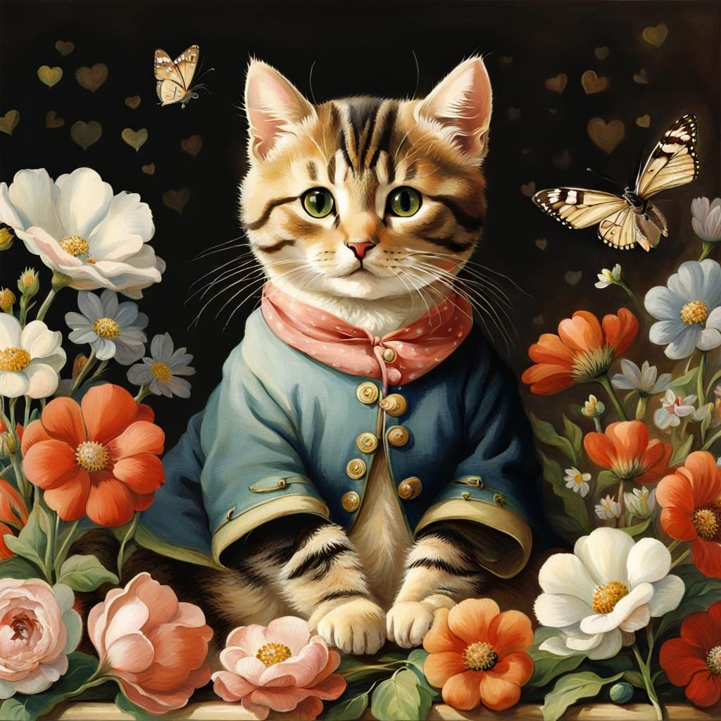 Cute Cat Surrounded by Flowers in Storybook Style