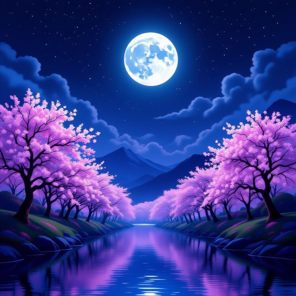 Surreal Cherry Blossom Forest Under a White Moon