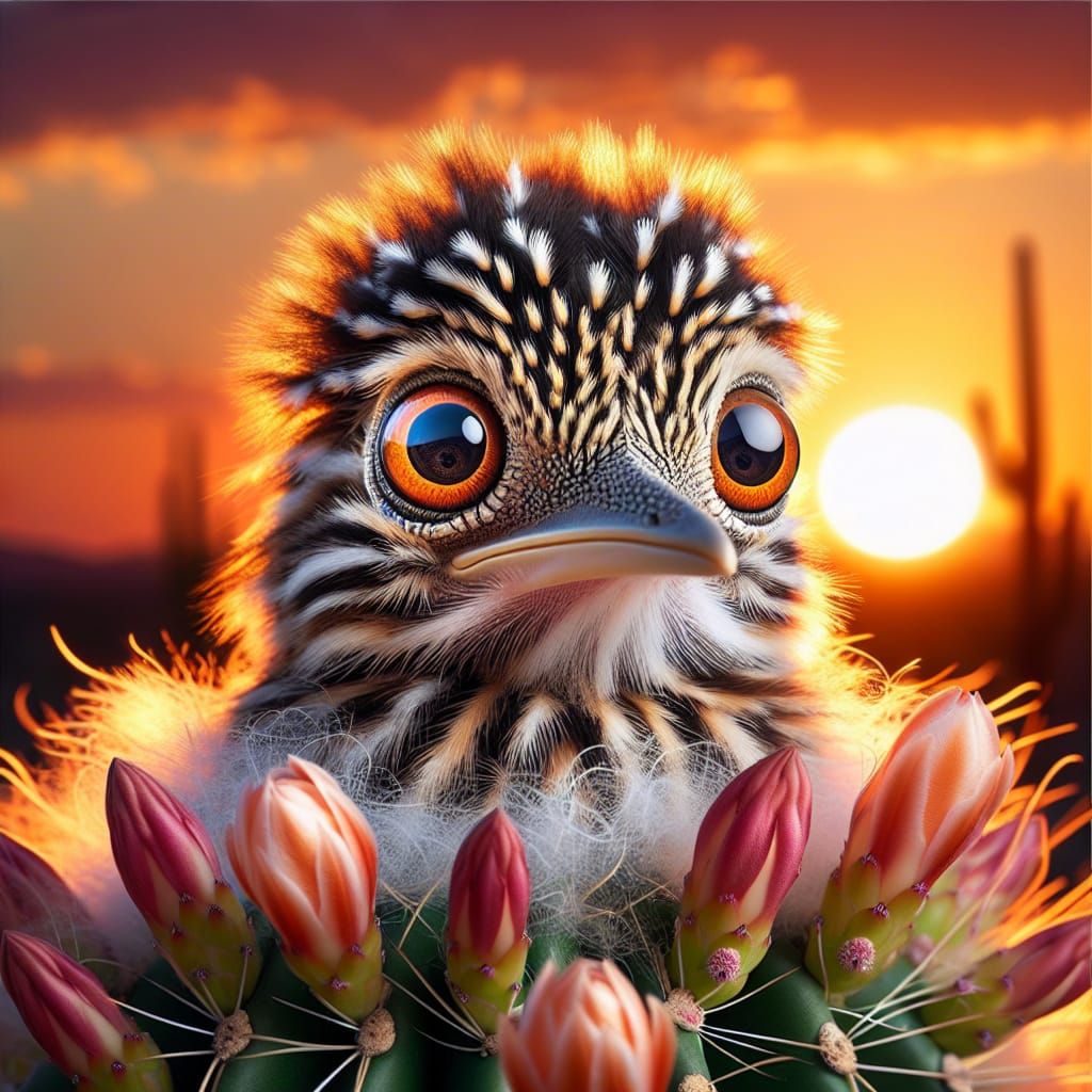 Baby Roadrunner with Orange Eyes on Blooming Cactus