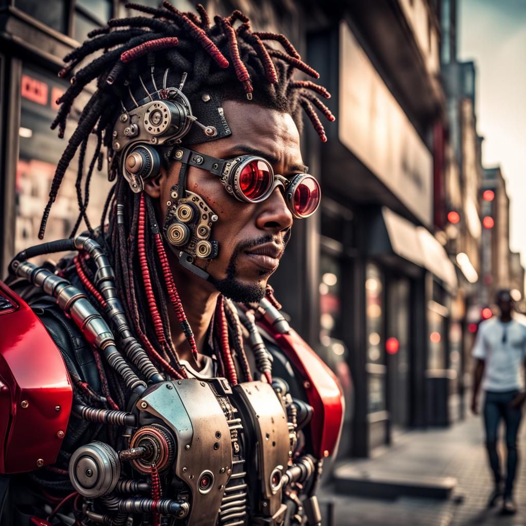 Steampunk Cyborg with Red Visor in Cityscape