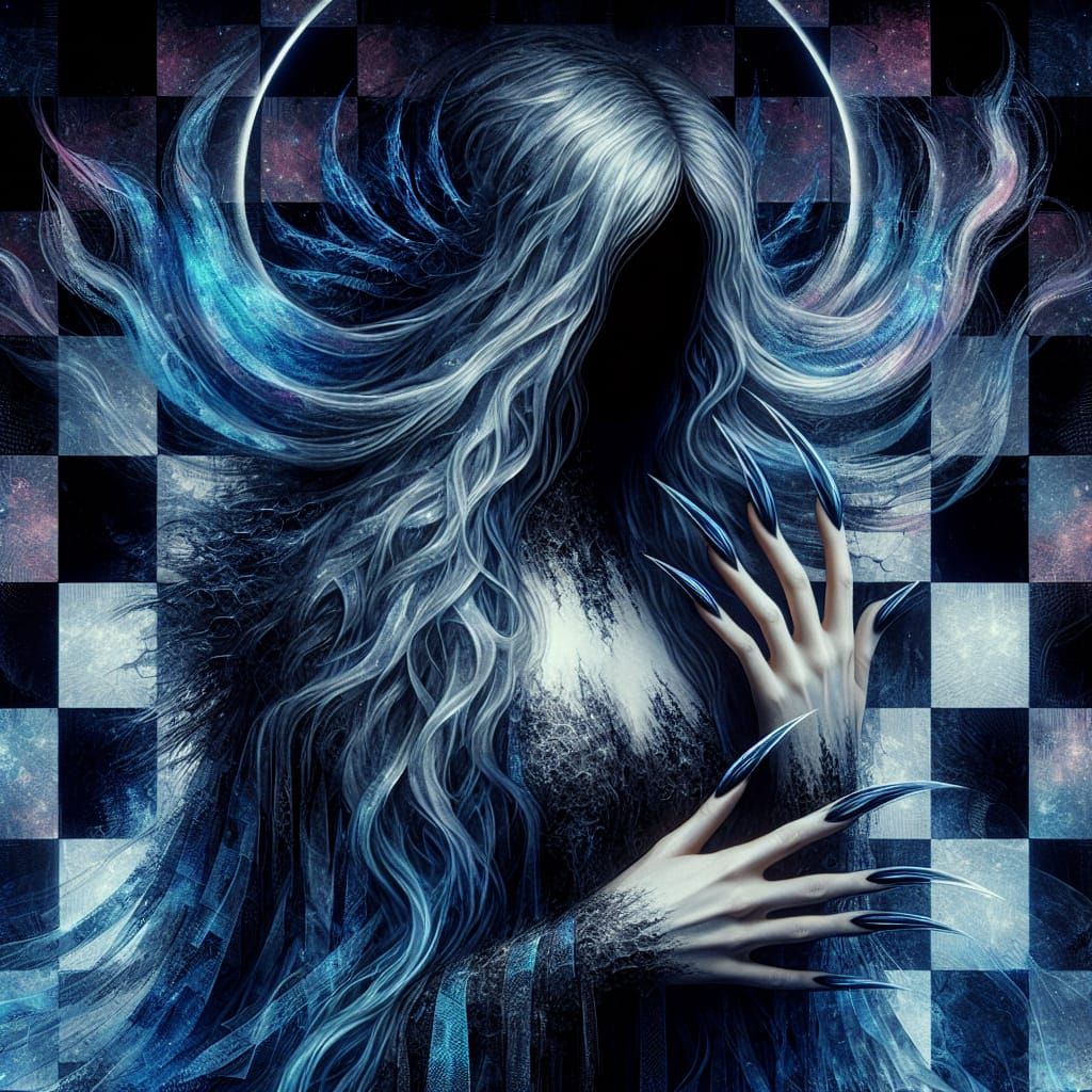 Enigmatic Ethereal Woman with Blue Hair in Holographic Art