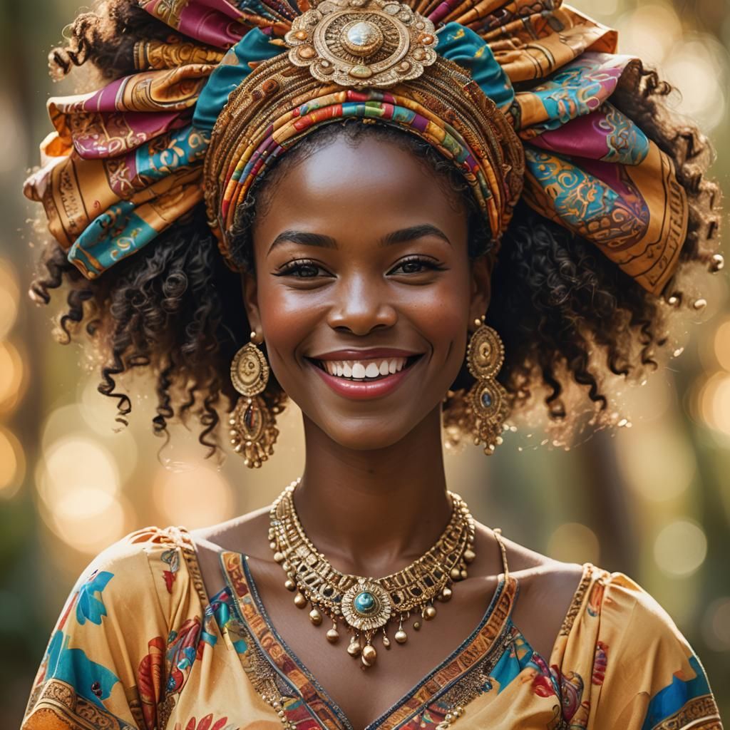 African Woman Portrait with Ornate Headdress, Soft Focus