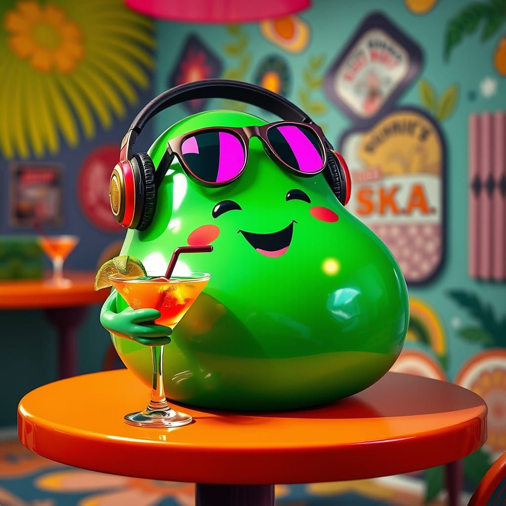 Surreal Green Jelly Bean Enjoys Vibrant Cocktail