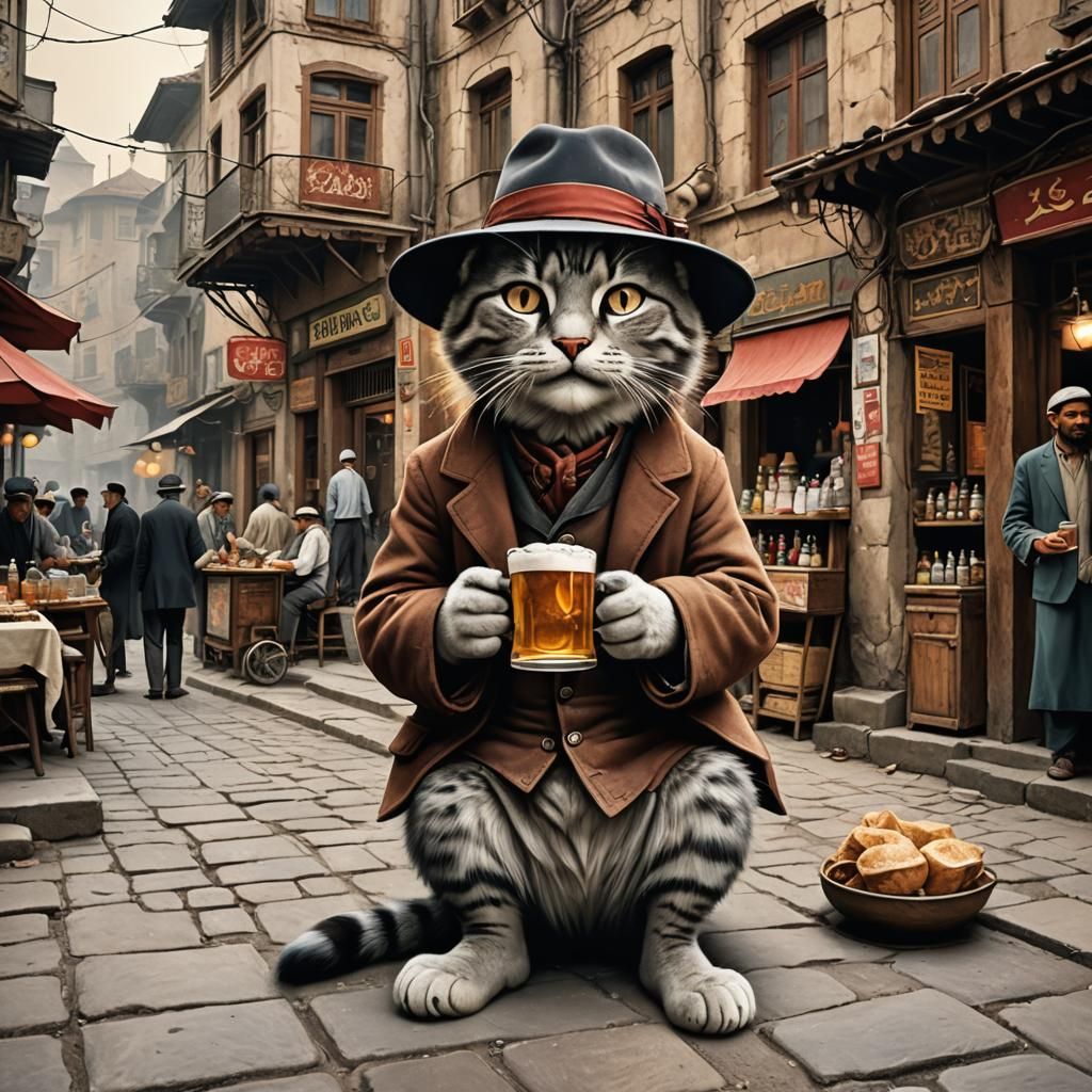 Cat Sipping Beer in 1930s Istanbul, Comic Style