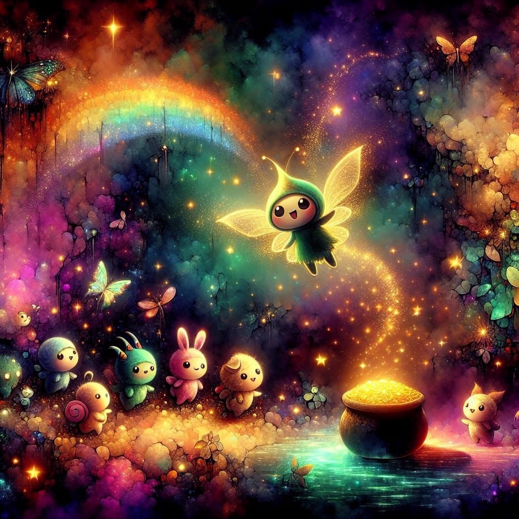 Whimsical Dark Fantasy Scene with Fairy and Gold
